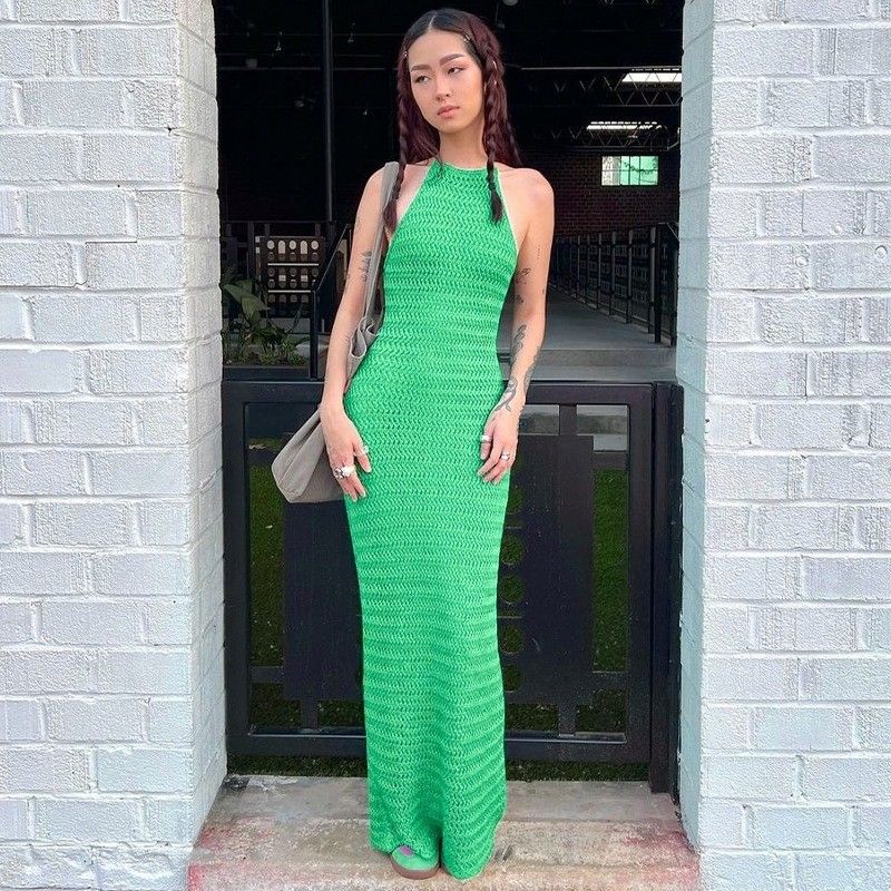 Couleur solide Robe tricotée mince élégante mince sexy respirante sans dos Robe en dentelle