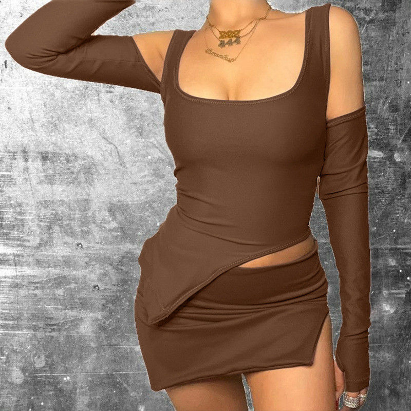 Femmes Loisirs Voyage Sexy Sports Outfits U Cou Mince Split Jupe courte et Top Set