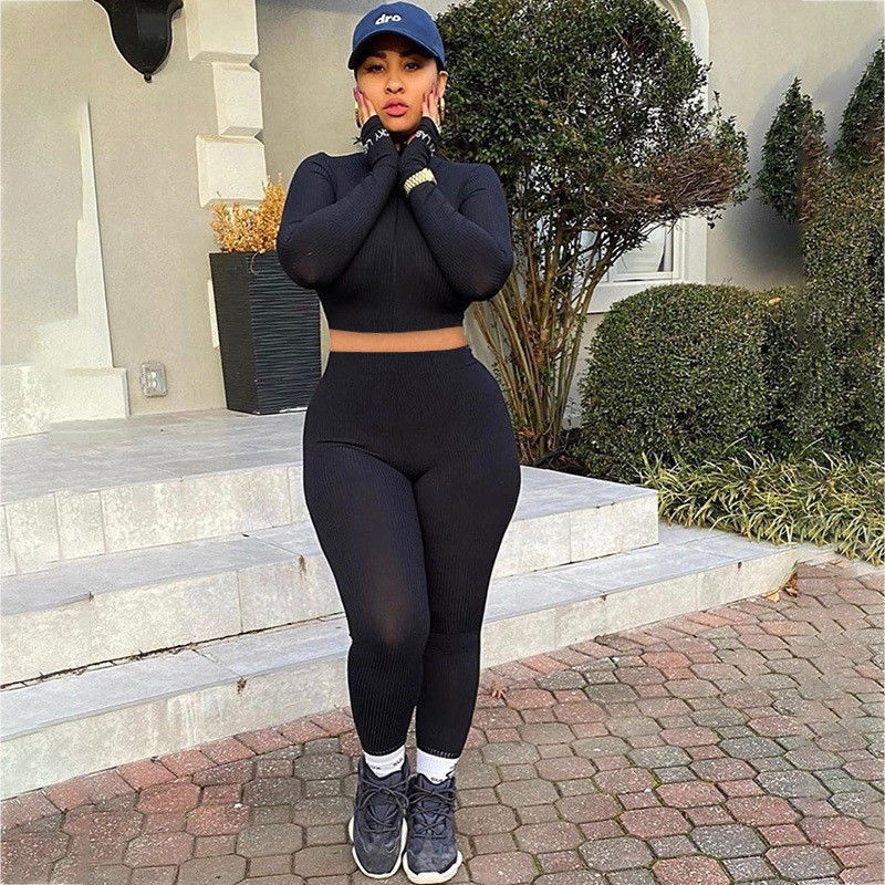 Fermeture à glissière deux pièces Sport Set haut cou fente Broderie lettre sexy Gym Wear
