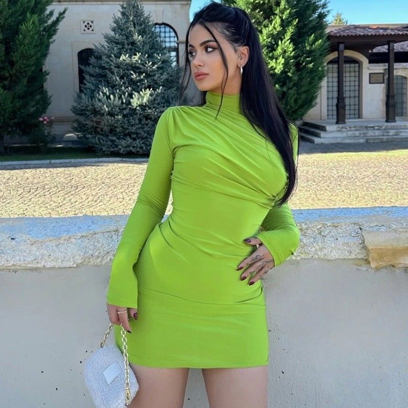 Élégante Robe à Tricot Mince Couleur Solide Plissé Slim Fit Sac Robe à Hanche Jupe Ronde Cou