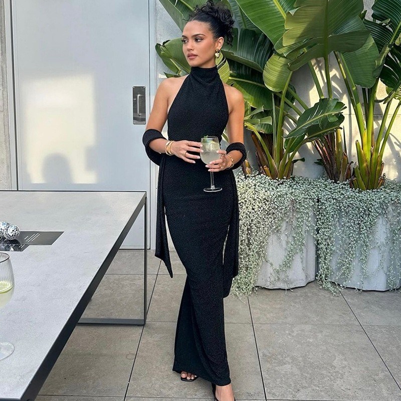 Tempérament de mode nouveau super-héros sexy harnais harnais élancé manches longues robe de soie brillante